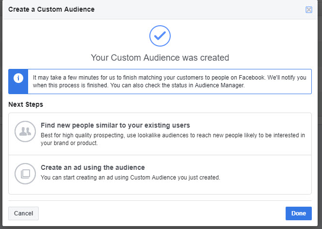 Your Facebook audience was created